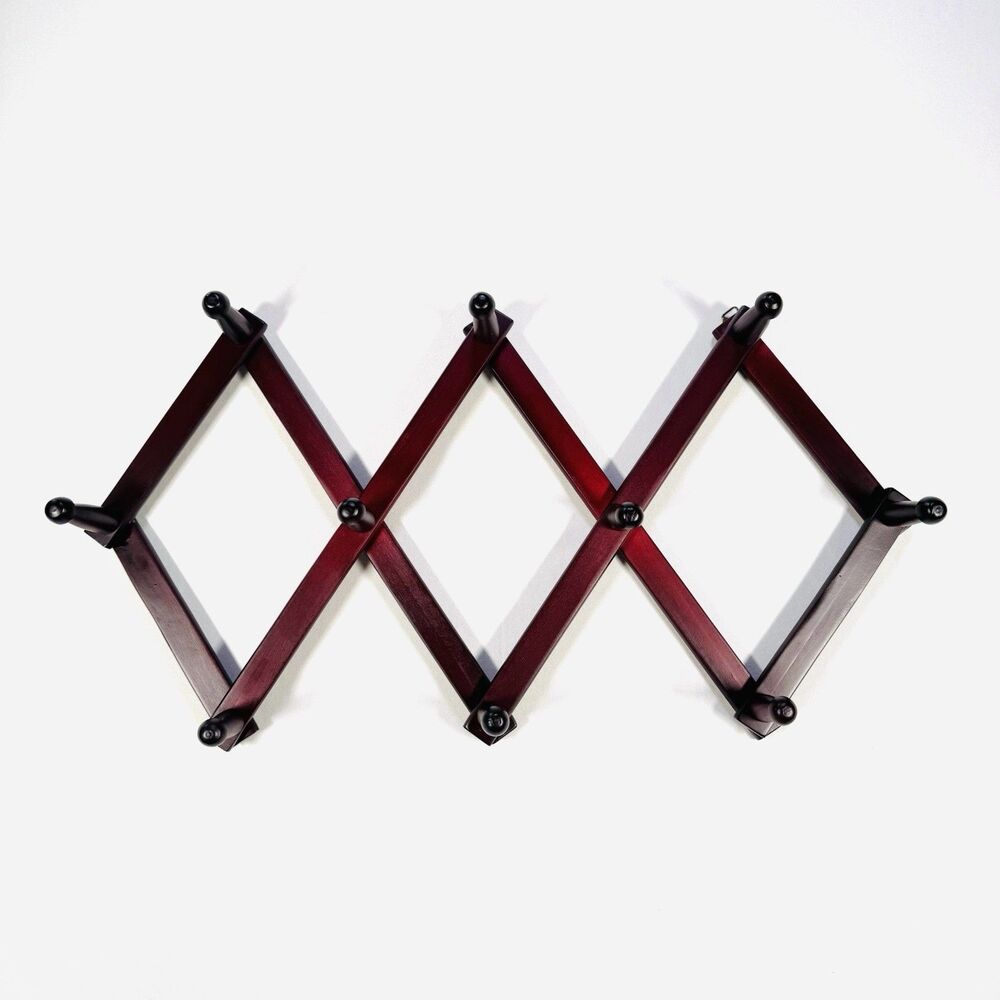 Expandable Wooden Accordion Wall Hanger Rack Cherry Wood Coat Hat Hooks Made in